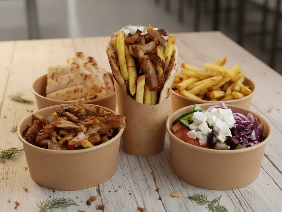 A Somerset Sizzlers spread on a wooden table — a gyros wrap, boxes of gyros and Greek salad, seasoned fries and flatbread