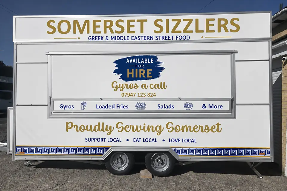 The Somerset Sizzlers trailer in full livery — Greek and Middle Eastern street food, proudly serving Somerset