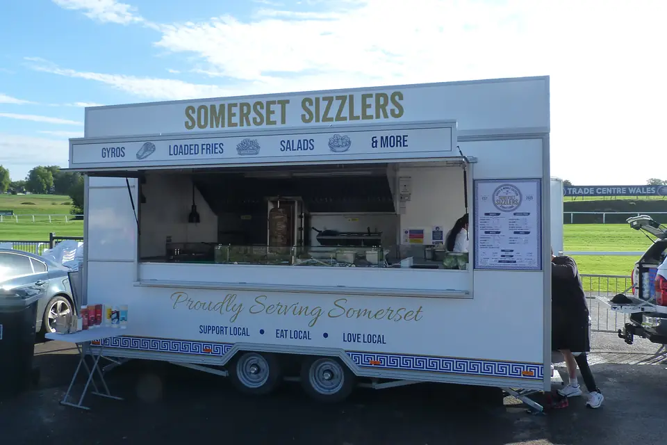 Trading at Chepstow Racecourse — the hatch open with the gyros spit turning inside